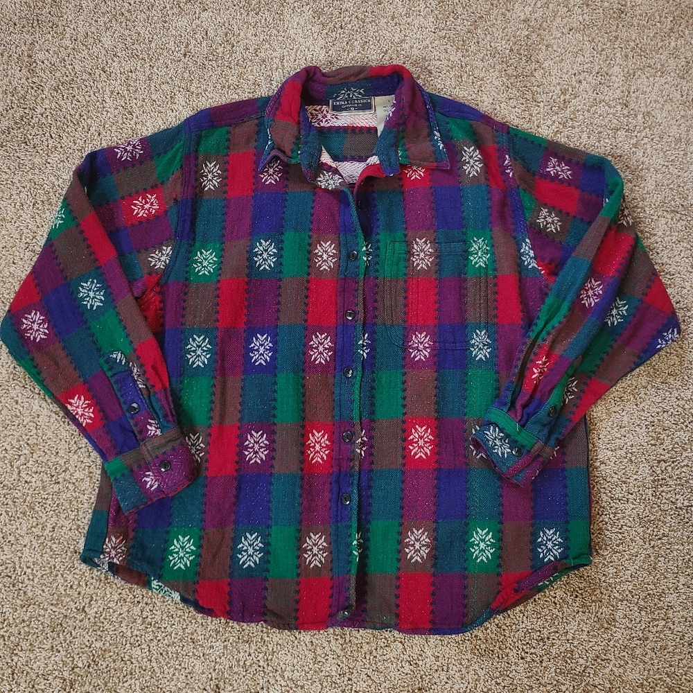Vintage Snowflake Christmas Flannel Red Green Blue Purple Size Large